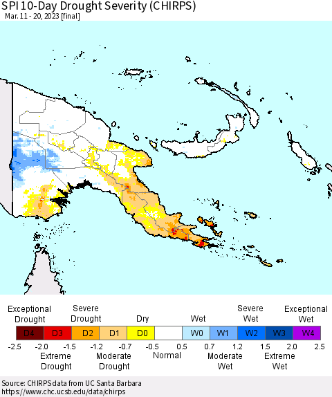 Papua New Guinea SPI 10-Day Drought Severity (CHIRPS) Thematic Map For 3/11/2023 - 3/20/2023