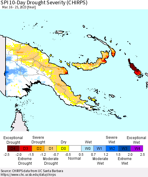 Papua New Guinea SPI 10-Day Drought Severity (CHIRPS) Thematic Map For 3/16/2023 - 3/25/2023