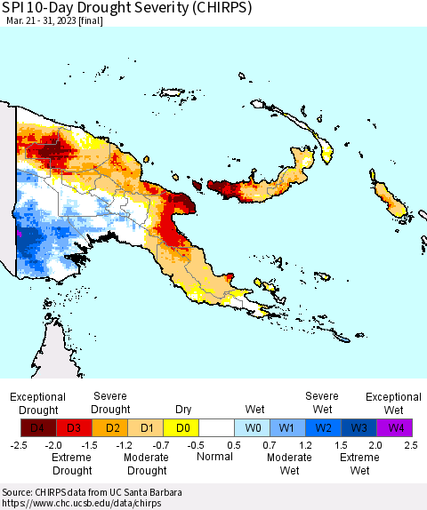 Papua New Guinea SPI 10-Day Drought Severity (CHIRPS) Thematic Map For 3/21/2023 - 3/31/2023