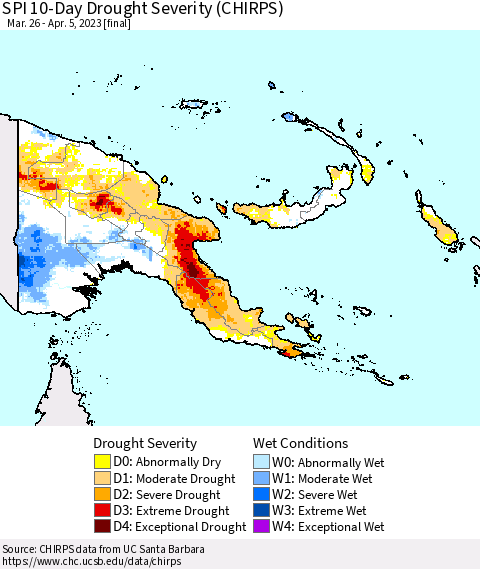 Papua New Guinea SPI 10-Day Drought Severity (CHIRPS) Thematic Map For 3/26/2023 - 4/5/2023