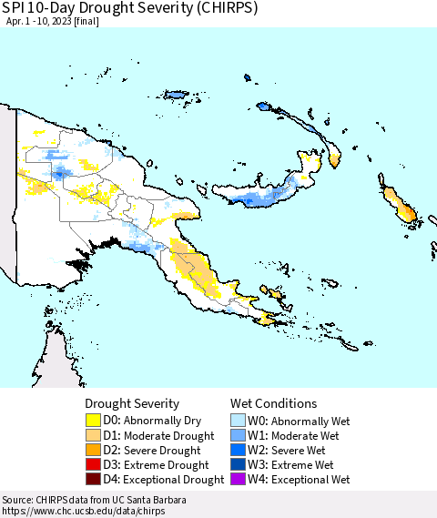 Papua New Guinea SPI 10-Day Drought Severity (CHIRPS) Thematic Map For 4/1/2023 - 4/10/2023