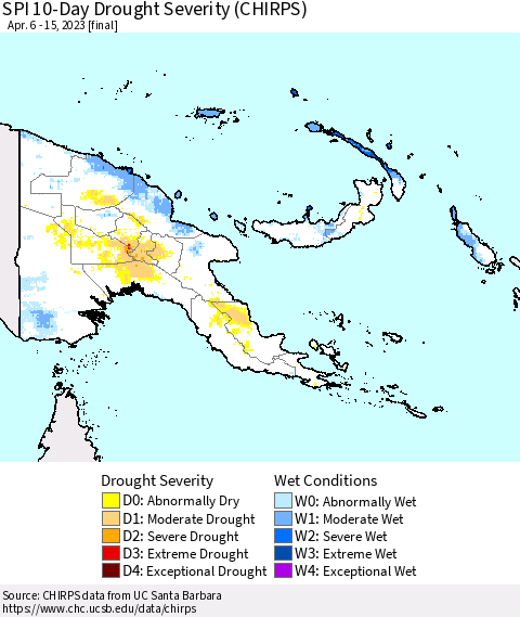 Papua New Guinea SPI 10-Day Drought Severity (CHIRPS) Thematic Map For 4/6/2023 - 4/15/2023