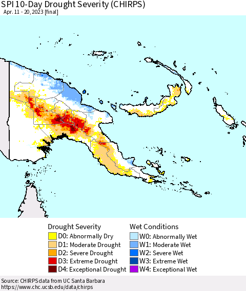 Papua New Guinea SPI 10-Day Drought Severity (CHIRPS) Thematic Map For 4/11/2023 - 4/20/2023