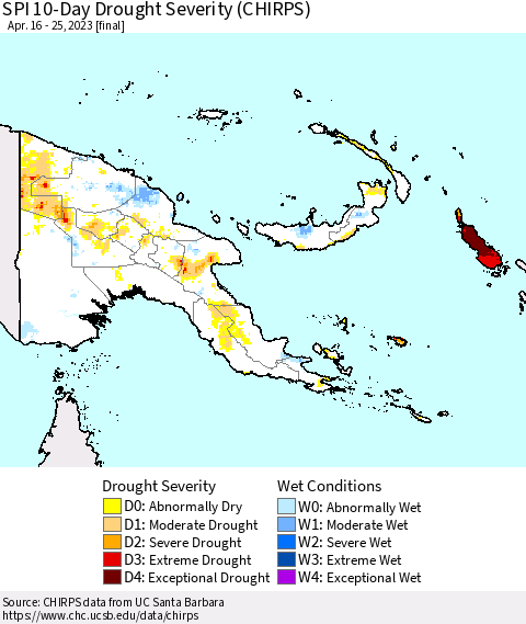 Papua New Guinea SPI 10-Day Drought Severity (CHIRPS) Thematic Map For 4/16/2023 - 4/25/2023