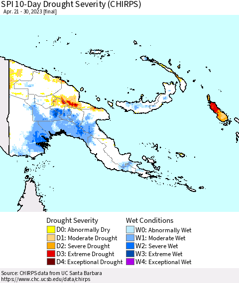 Papua New Guinea SPI 10-Day Drought Severity (CHIRPS) Thematic Map For 4/21/2023 - 4/30/2023