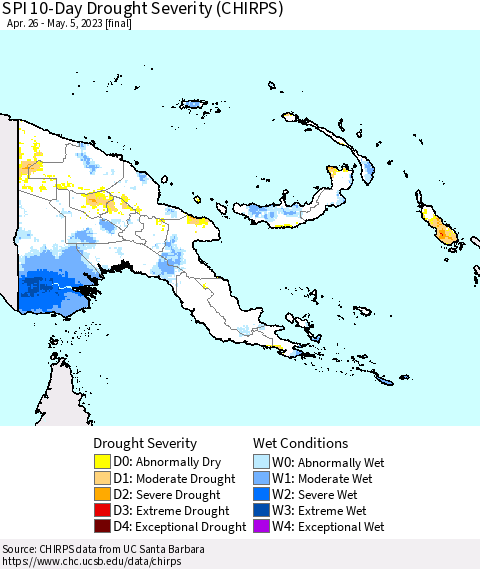 Papua New Guinea SPI 10-Day Drought Severity (CHIRPS) Thematic Map For 4/26/2023 - 5/5/2023