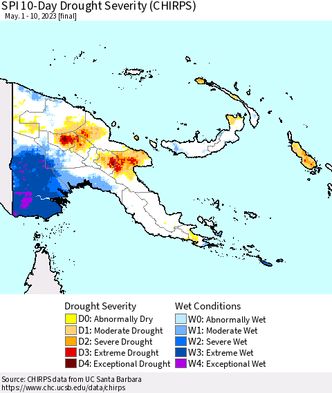 Papua New Guinea SPI 10-Day Drought Severity (CHIRPS) Thematic Map For 5/1/2023 - 5/10/2023