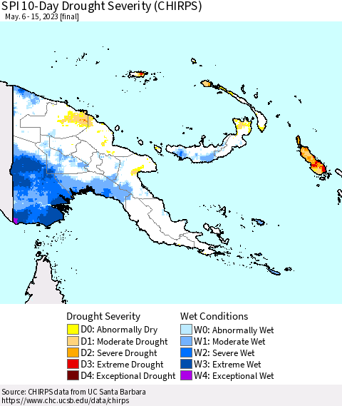 Papua New Guinea SPI 10-Day Drought Severity (CHIRPS) Thematic Map For 5/6/2023 - 5/15/2023