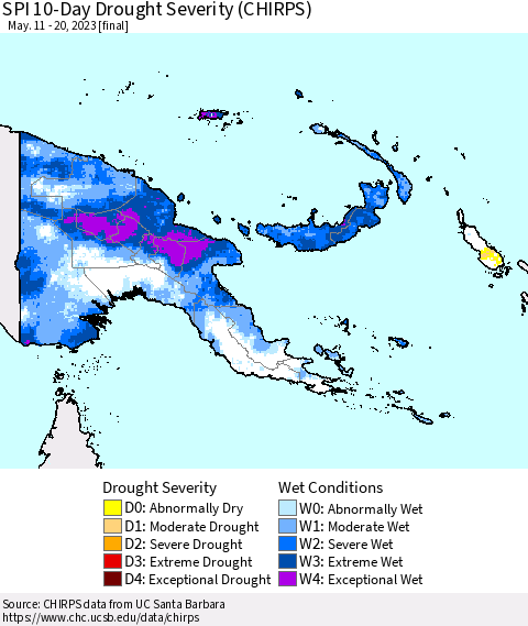 Papua New Guinea SPI 10-Day Drought Severity (CHIRPS) Thematic Map For 5/11/2023 - 5/20/2023