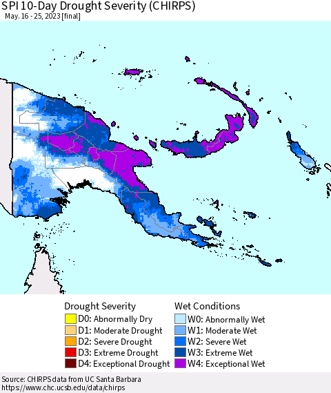 Papua New Guinea SPI 10-Day Drought Severity (CHIRPS) Thematic Map For 5/16/2023 - 5/25/2023