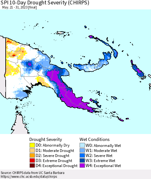 Papua New Guinea SPI 10-Day Drought Severity (CHIRPS) Thematic Map For 5/21/2023 - 5/31/2023