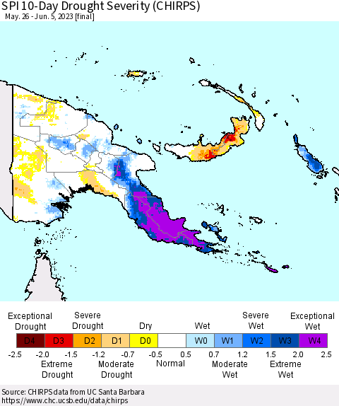 Papua New Guinea SPI 10-Day Drought Severity (CHIRPS) Thematic Map For 5/26/2023 - 6/5/2023