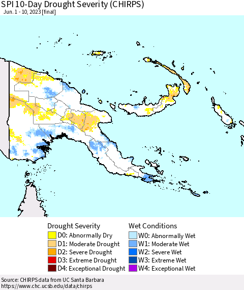 Papua New Guinea SPI 10-Day Drought Severity (CHIRPS) Thematic Map For 6/1/2023 - 6/10/2023