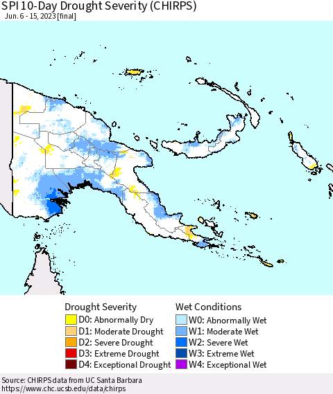 Papua New Guinea SPI 10-Day Drought Severity (CHIRPS) Thematic Map For 6/6/2023 - 6/15/2023