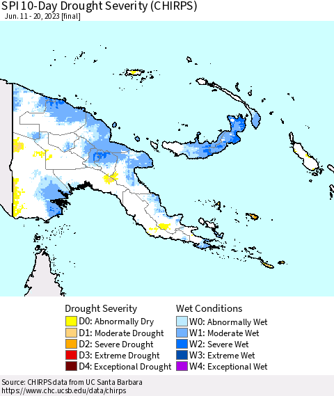 Papua New Guinea SPI 10-Day Drought Severity (CHIRPS) Thematic Map For 6/11/2023 - 6/20/2023