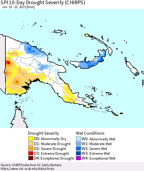 Papua New Guinea SPI 10-Day Drought Severity (CHIRPS) Thematic Map For 6/16/2023 - 6/25/2023