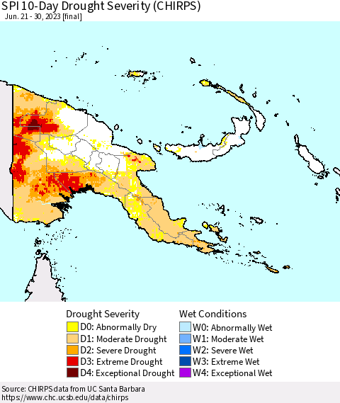 Papua New Guinea SPI 10-Day Drought Severity (CHIRPS) Thematic Map For 6/21/2023 - 6/30/2023