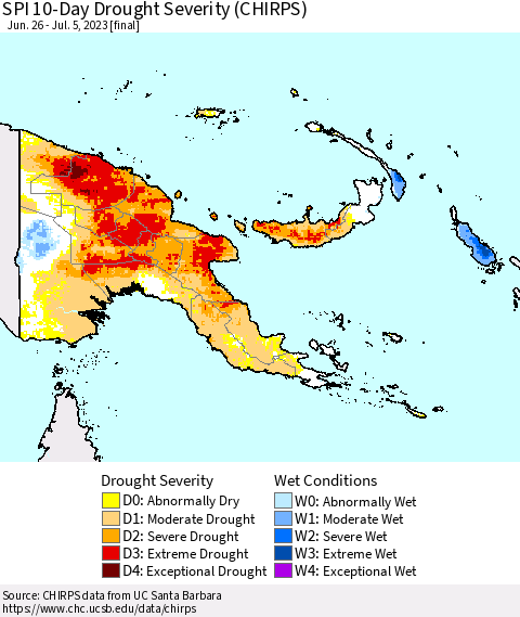 Papua New Guinea SPI 10-Day Drought Severity (CHIRPS) Thematic Map For 6/26/2023 - 7/5/2023