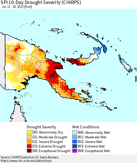 Papua New Guinea SPI 10-Day Drought Severity (CHIRPS) Thematic Map For 7/11/2023 - 7/20/2023