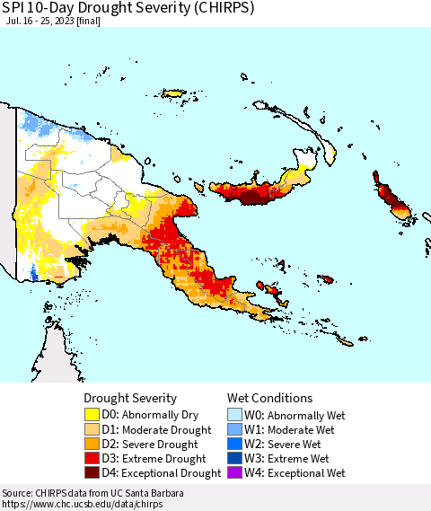 Papua New Guinea SPI 10-Day Drought Severity (CHIRPS) Thematic Map For 7/16/2023 - 7/25/2023