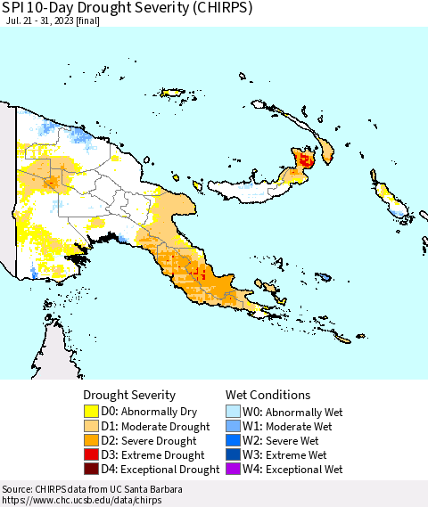 Papua New Guinea SPI 10-Day Drought Severity (CHIRPS) Thematic Map For 7/21/2023 - 7/31/2023