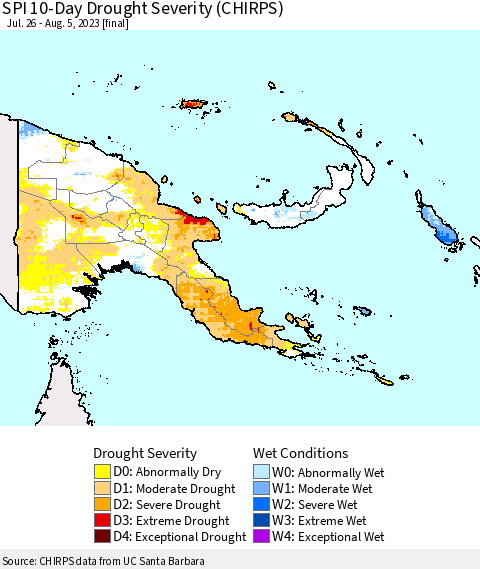 Papua New Guinea SPI 10-Day Drought Severity (CHIRPS) Thematic Map For 7/26/2023 - 8/5/2023