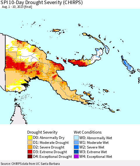 Papua New Guinea SPI 10-Day Drought Severity (CHIRPS) Thematic Map For 8/1/2023 - 8/10/2023