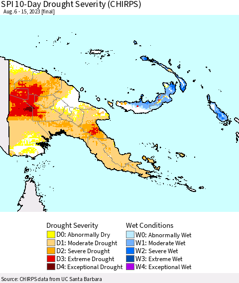 Papua New Guinea SPI 10-Day Drought Severity (CHIRPS) Thematic Map For 8/6/2023 - 8/15/2023