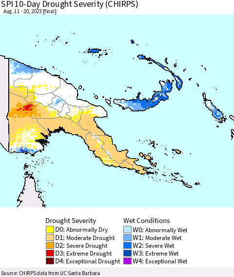 Papua New Guinea SPI 10-Day Drought Severity (CHIRPS) Thematic Map For 8/11/2023 - 8/20/2023