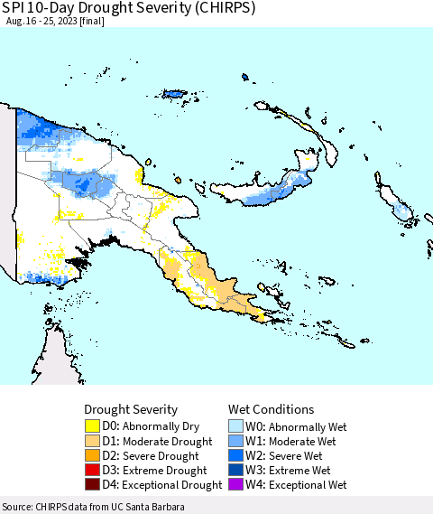 Papua New Guinea SPI 10-Day Drought Severity (CHIRPS) Thematic Map For 8/16/2023 - 8/25/2023