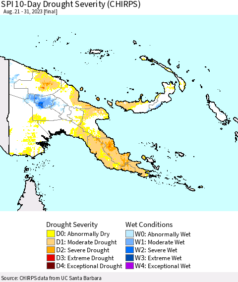 Papua New Guinea SPI 10-Day Drought Severity (CHIRPS) Thematic Map For 8/21/2023 - 8/31/2023