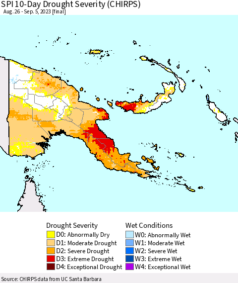 Papua New Guinea SPI 10-Day Drought Severity (CHIRPS) Thematic Map For 8/26/2023 - 9/5/2023