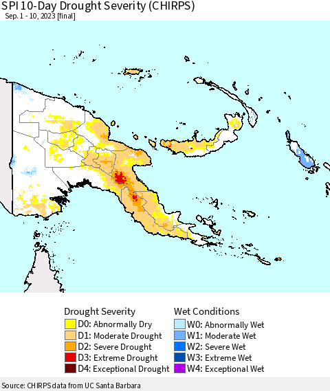 Papua New Guinea SPI 10-Day Drought Severity (CHIRPS) Thematic Map For 9/1/2023 - 9/10/2023