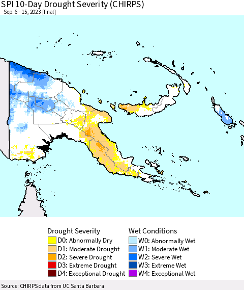 Papua New Guinea SPI 10-Day Drought Severity (CHIRPS) Thematic Map For 9/6/2023 - 9/15/2023