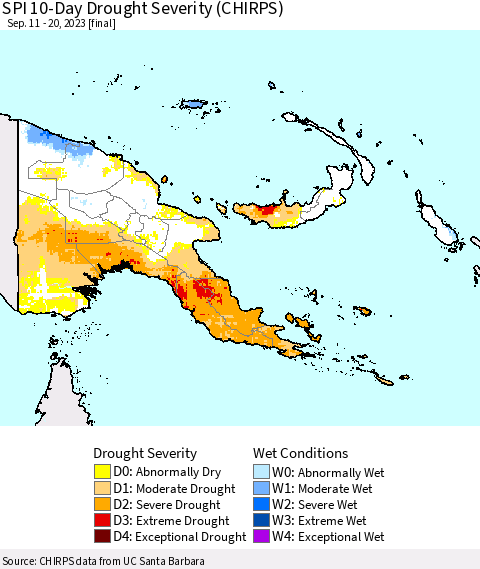 Papua New Guinea SPI 10-Day Drought Severity (CHIRPS) Thematic Map For 9/11/2023 - 9/20/2023