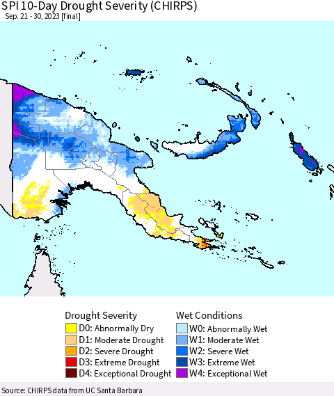 Papua New Guinea SPI 10-Day Drought Severity (CHIRPS) Thematic Map For 9/21/2023 - 9/30/2023