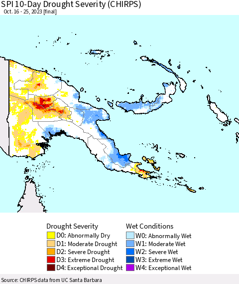 Papua New Guinea SPI 10-Day Drought Severity (CHIRPS) Thematic Map For 10/16/2023 - 10/25/2023