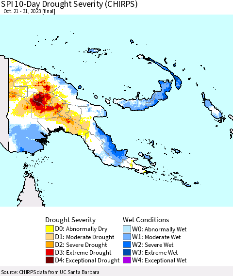 Papua New Guinea SPI 10-Day Drought Severity (CHIRPS) Thematic Map For 10/21/2023 - 10/31/2023