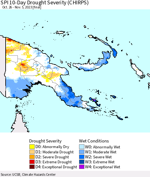 Papua New Guinea SPI 10-Day Drought Severity (CHIRPS) Thematic Map For 10/26/2023 - 11/5/2023
