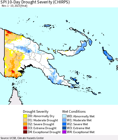 Papua New Guinea SPI 10-Day Drought Severity (CHIRPS) Thematic Map For 11/1/2023 - 11/10/2023
