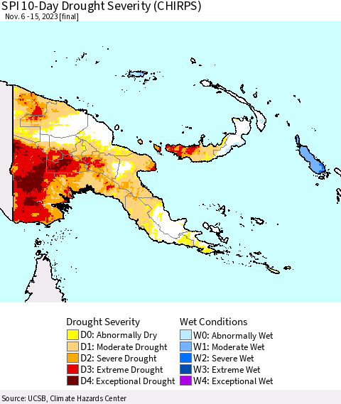 Papua New Guinea SPI 10-Day Drought Severity (CHIRPS) Thematic Map For 11/6/2023 - 11/15/2023