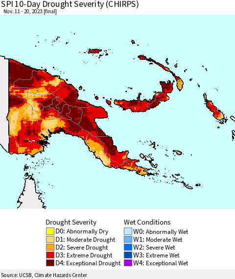 Papua New Guinea SPI 10-Day Drought Severity (CHIRPS) Thematic Map For 11/11/2023 - 11/20/2023