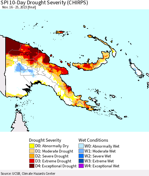 Papua New Guinea SPI 10-Day Drought Severity (CHIRPS) Thematic Map For 11/16/2023 - 11/25/2023