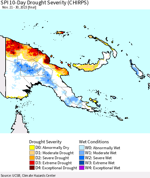 Papua New Guinea SPI 10-Day Drought Severity (CHIRPS) Thematic Map For 11/21/2023 - 11/30/2023