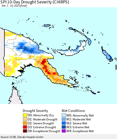 Papua New Guinea SPI 10-Day Drought Severity (CHIRPS) Thematic Map For 12/1/2023 - 12/10/2023