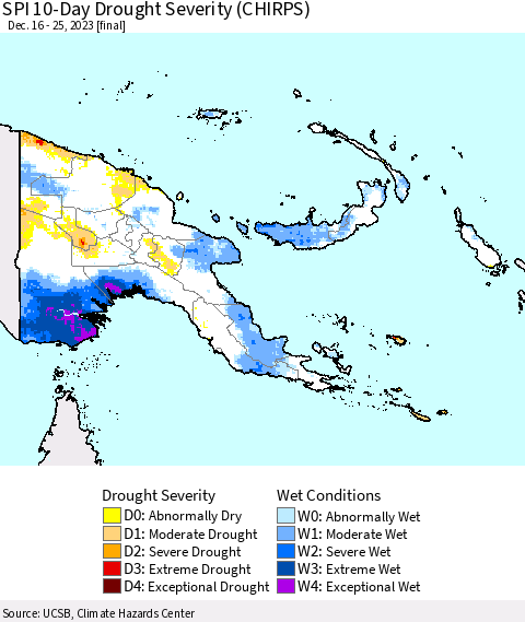 Papua New Guinea SPI 10-Day Drought Severity (CHIRPS) Thematic Map For 12/16/2023 - 12/25/2023
