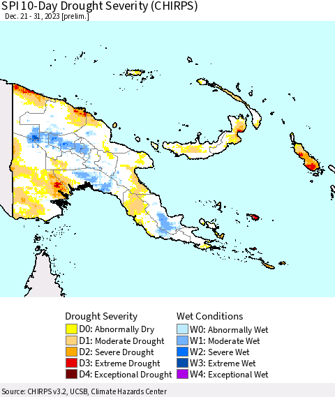 Papua New Guinea SPI 10-Day Drought Severity (CHIRPS) Thematic Map For 12/21/2023 - 12/31/2023