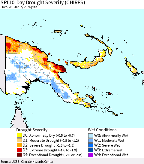 Papua New Guinea SPI 10-Day Drought Severity (CHIRPS) Thematic Map For 12/26/2023 - 1/5/2024