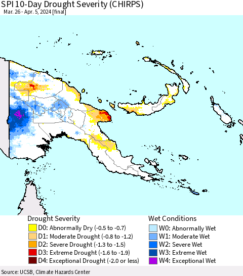 Papua New Guinea SPI 10-Day Drought Severity (CHIRPS) Thematic Map For 3/26/2024 - 4/5/2024
