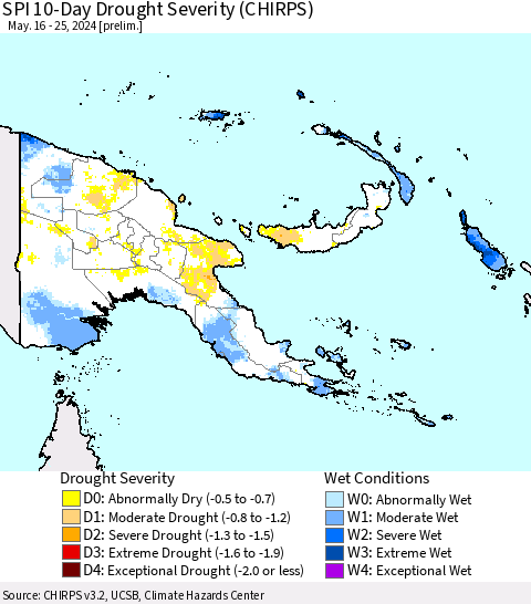Papua New Guinea SPI 10-Day Drought Severity (CHIRPS) Thematic Map For 5/16/2024 - 5/25/2024